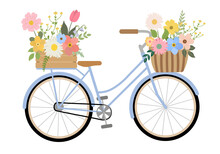 Cute Hand Drawn Bicycle With Colorful Flowers In Crate And Basket. Isolated On White Background. Retro Bike Carrying Basket, Crate With Flowers And Plants. Vector Illustration.