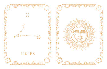 Sticker - Pisces zodiac constellation, old card in vector.