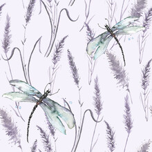 Watercolor Lavender Flower, Grass   Seamless Pattern In Vintage Hand Drawn Style. Elegant Floral Background Illustration.Watercolor Provance Lavender Set. Background With Beautiful Dragonfly