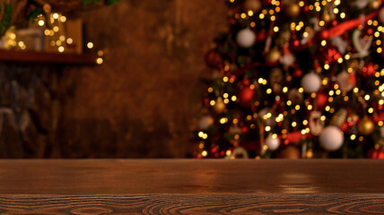 Christmas background. Empty wooden table on the background of the Christmas tree and New Year's bokeh.Ready for product montage. Banner