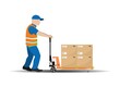 Manual hydraulic pallet truck, the worker moves the load. Storage equipment. Vector illustration.