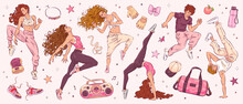 Hand Drawn Sketch Dance Studio Set. Vector Illustration Of Happy Young Dancing Man And Woman