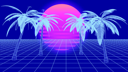 Aufkleber - Retro 80s synthwave styled 3D landscape with endless perspective laser grid, palm trees and sun.