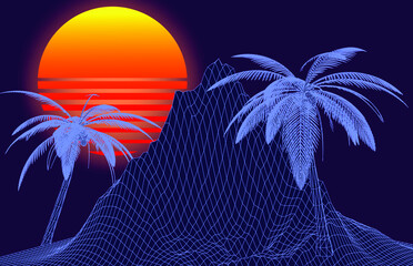 Aufkleber - Retro 80s synthwave styled 3D landscape with distorted laser grid, palm trees and sun. Vector illustration.
