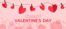 Happy Valentine's Day - Red Paper Heart Shape Was Clipped Onto A String With On Soft Pink Circles Bokeh Texture Background Vector Design