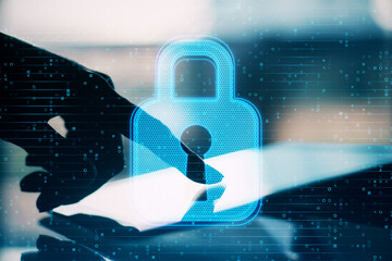 Poster - Close up of backlit female hand pointing at tablet with abstract glowing padlock interface on blurry outdoor background. Safety, firewall and security concept. Double exposure.
