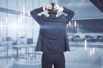Poster - Back view of thoughtful young european businessman standing on blurry office interior background with creative glowing big data forex chart candlestick hologram. 