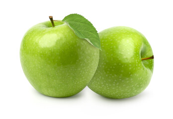 two green apple fruit with leaves isolated on white background..