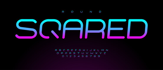 Aufkleber - Rounded velvet violet gradient color font. Kids neon letters, children laser game alphabet. Nightlife type for cyberspace headline, nightclub logo, scifi poster, music DJ cover design.