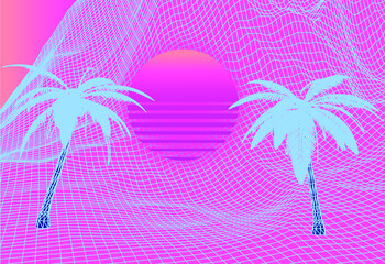 Aufkleber - Synthwave styled 3D landscape with distorted laser grid, palm trees and sun. Vector illustration.