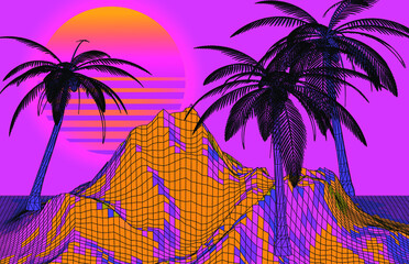 Aufkleber - Synthwave styled 3D landscape with distorted laser grid, palm trees and sun. Vector illustration.