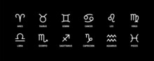 Line Zodiac Signs: Aquarius, Libra, Leo, Taurus, Cancer, Pisces, Virgo, Capricorn, Sagittarius, Aries, Gemini, Scorpio. Astrological Calendar. Zodiacal Vector Horoscope