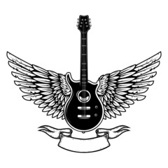 Wall Mural - Illustration of winged rock guitar. Design element for logo, label, sign. Vector illustration