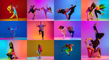 Collage Of Young People Dancing Hip Hop Isolated Over Multicolored Background In Neon Lights