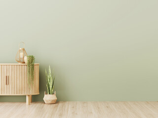Aufkleber - Green interior mockup with empty wall, curved slat sideboard and plants in trendy living room. illustration, 3d rendering