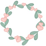 Fototapeta Na ścianę - Leafy round bezel with pink hearts. Round romantic wreath. Frame with leaves, template for greeting card or invitation