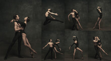 Collage. Beautiful Young Couple, Ballet Dancer Performing Isolated Over Dark Vintage Background