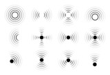 Fototapeta  - Sound wave vector icons. Circle radar or sonic sonar signals, pulses. Speaker with noise energy in air graphic. Round radio frequency. Abstract radial vibration symbol on white background. Loud scan