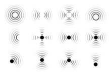 Sound Wave Vector Icons. Circle Radar Or Sonic Sonar Signals, Pulses. Speaker With Noise Energy In Air Graphic. Round Radio Frequency. Abstract Radial Vibration Symbol On White Background. Loud Scan