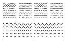 Vector Zigzag Lines And Waves, Wavy Pattern. Squiggle Zig Zag Frame With Wiggle. Curvy Undulate Parallel Borders. Curve Sinuous Stroke With Sine. Design Of Squiggly Seamless Water Graphic Brushes.