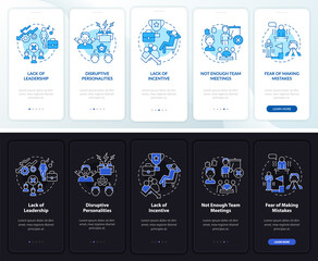 Teamwork failing night and day mode onboarding mobile app screen. Issues walkthrough 5 steps graphic instructions pages with linear concepts. UI, UX, GUI template. Myriad Pro-Bold, Regular fonts used