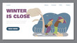 Bad autumn and winter weather website banner. Male and female character being pushed by strong wind in rainy weather.