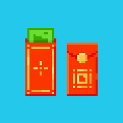 Wall Mural - Pixel art lucky money envelope gift icon. Vector 8 bit style illustration of Chinese angpao money present. Isolated red and gold colors holiday decorative element of retro video game computer graphic.