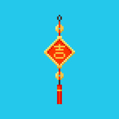 Wall Mural - Pixel art good luck amulet icon. Vector 8 bit style illustration of asian lucky keychain amulet. Isolated red and gold holiday chinese decorative traditional element of retro video game graphic.