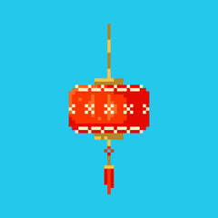 Wall Mural - Pixel art paper lantern icon. Vector 8 bit style illustration of Chinese lantern or lamp. Isolated red and gold holiday element of retro video game computer graphic.