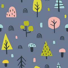 Wall Mural - abstract forest scandinavian pattern with trees, mushrooms, shapes. seamless vector print for textil