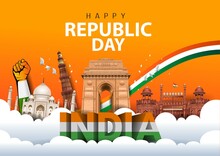 Happy Republic Day India 26th January. Indian Monument And Landmark With Background , Poster, Card, Banner. Vector Illustration Design