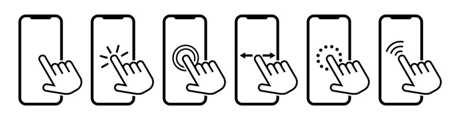 hand with finger click smartphone icons. vector finger touches technology phone app. flat symbol of 