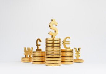 Wall Mural - Isolate of main currency on golden coin stacking include dollar euro pound sterling yen yuan and won on white background for currency exchange concept by 3d rendering.