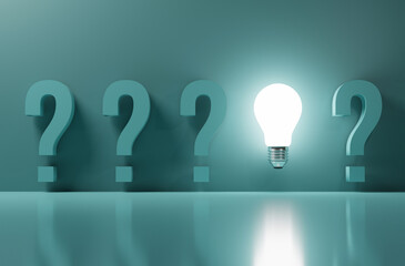 Fototapete - Glowing lightbulb among question mark on green background for creative thinking idea to problem solving and solution concept by 3d rendering.