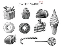 Sweet Variety Hand Draw Vintage Engraving Style Black And White Clipart Isolated On White Background