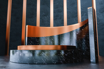 Poster - Black marble stand with golden details for product presentation. Elegant and modern scene. 3d render