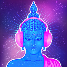 Modern Buddha Listening To The Music In Headphones In Neon Colors Isolated On White. Vector Illustration. Vintage Psychedelic Composition. Indian, Buddhism, Trance Music. Sticker, Patch Design.