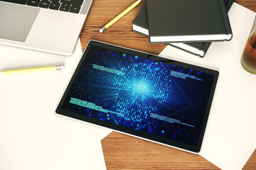Poster - Creative concept of code skull illustration on modern digital tablet screen. Hacking and phishing concept. Top view. 3D Rendering