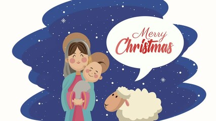 Canvas Print - mery christmas lettering with mary virgin and jesus animation