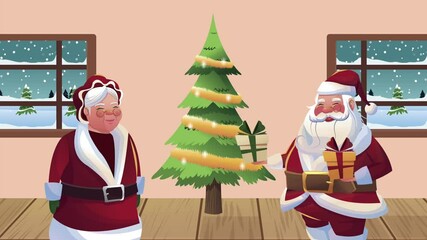 Poster - merry christmas animation with santa family and tree