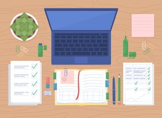 Poster - Organized workspace flat color vector illustration. Laptop computer. Notebooks with planning tasks. Student textbooks. Top view 2D cartoon illustration with desktop on background collection