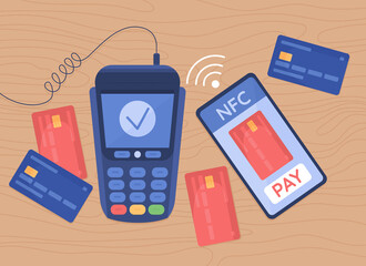 Poster - Contactless payment flat color vector illustration. Cashless paying method. Terminal for wireless transaction. Top view 2D cartoon illustration with desktop on background collection