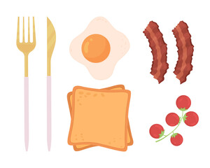 Poster - Breakfast semi flat color vector object set. Morning food and tools. Realistic item on white. Lifestyle isolated modern cartoon style illustration for graphic design and animation collection