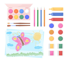 Poster - Drawing tools for children semi flat color vector object set. Realistic item on white. Lifestyle isolated modern cartoon style illustration for graphic design and animation collection