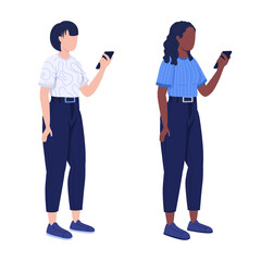 Poster - girls spending time on phone semi flat color vector characters set. full body people on white. phubb