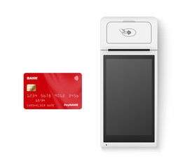 Realistic POS terminal with bank card vector illustration. Online banking pay machine processing NFC