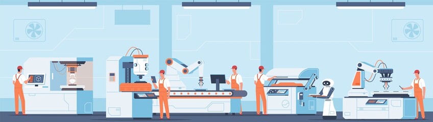 Wall Mural - Automatic lines employees. Manufacturing process in factory interior. Worker characters. Men in uniform work on industrial machines. Plant equipment. Industry production. Vector concept