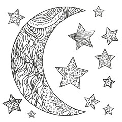 Wall Mural - Crescent on white. Moon and stars with abstract patterns on isolation background. Zentangle. Design for spiritual relaxation for adults. Black and white illustration for anti stress colouring page