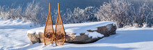 Winter Scenery Of Horsetooth Reservoir In Northern Colorado With Classic Huron Snowshoes, Panoramic Web Banner