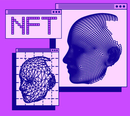 Poster - Collage illustration of user interface elements, 3D model of low poly human face. NFT image concept.